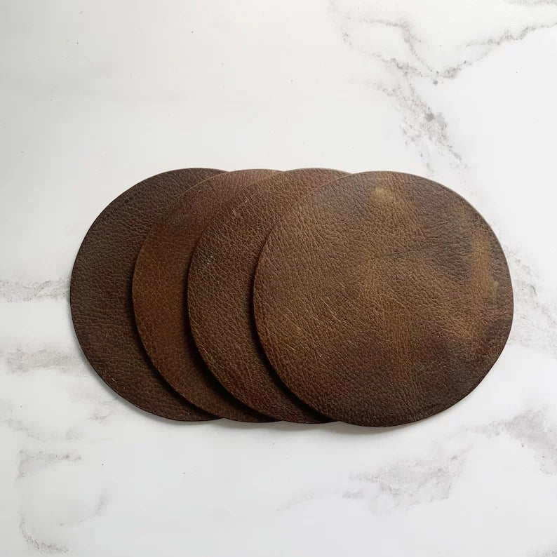 Blank Dark Tan Leather Circle Coasters