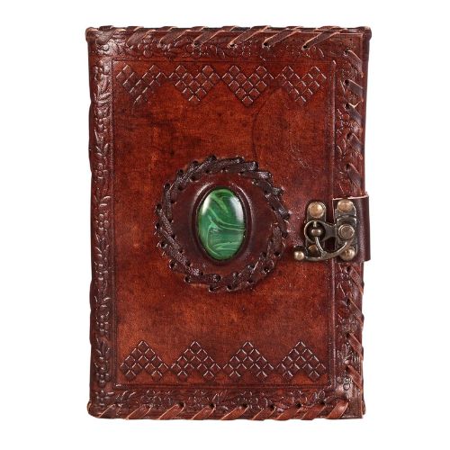 Leather Diary with Antique Green Stone Handmade Leather Bound Diary