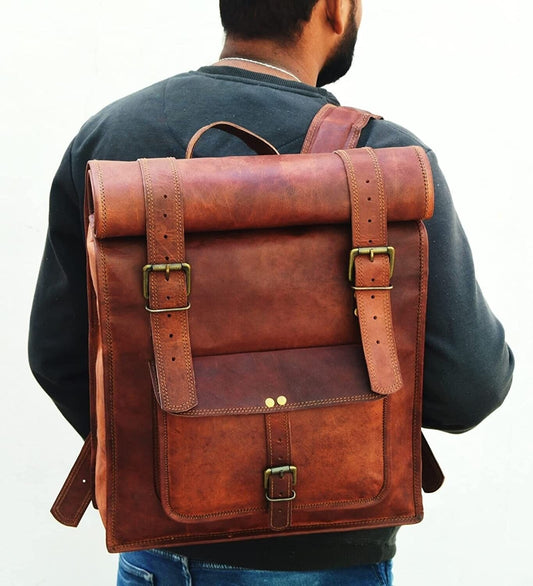 Baggbay 14*24 Inch 100% Genuine Roll Leather Shoulder Backpack | Unisex