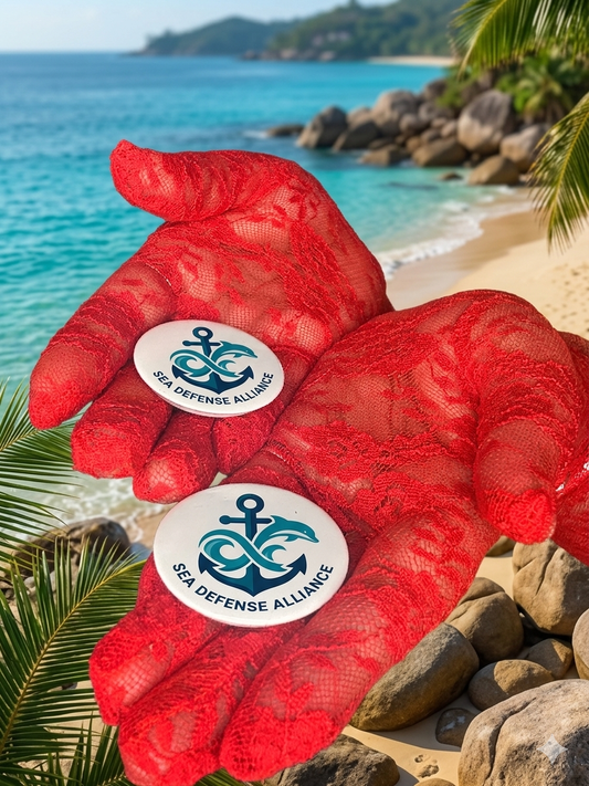 Red mesh fabric pin badge with anchor logo - Sea Defense Alliance - Baggbay